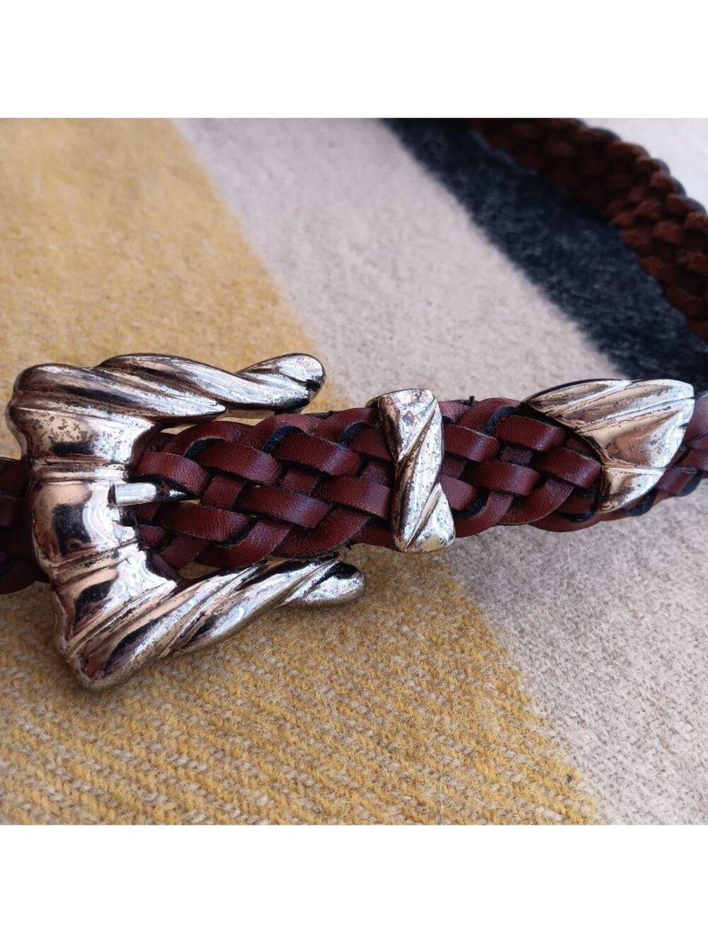 Large Vintage Womens Boho Belt Braided Leather Silver-Tone Buckle Paraguay 90s